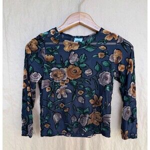 Vintage Atre Tudes Floral Embroidered Mesh Top |Youth Large (14) | Black & Gold